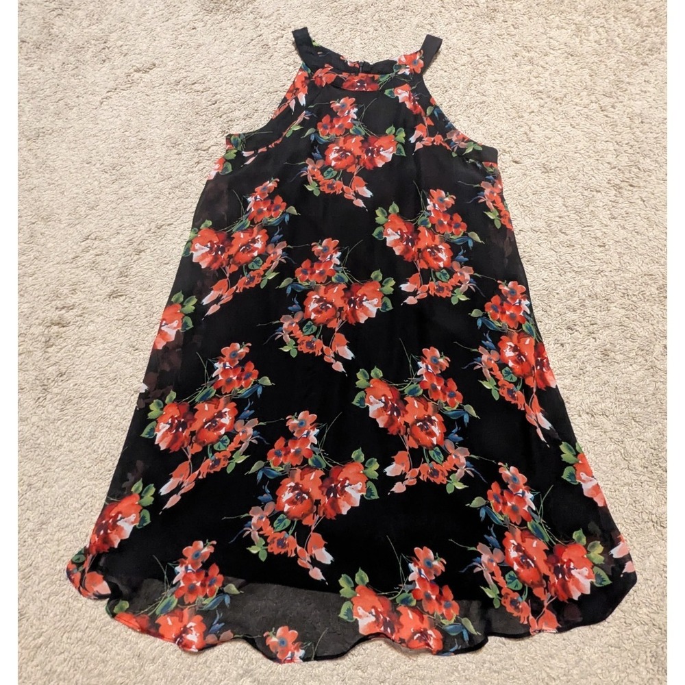 Betsey Johnson Shift Dress Sz 8 Sleeveless Vibrant Floral Lined Zipper Black Red